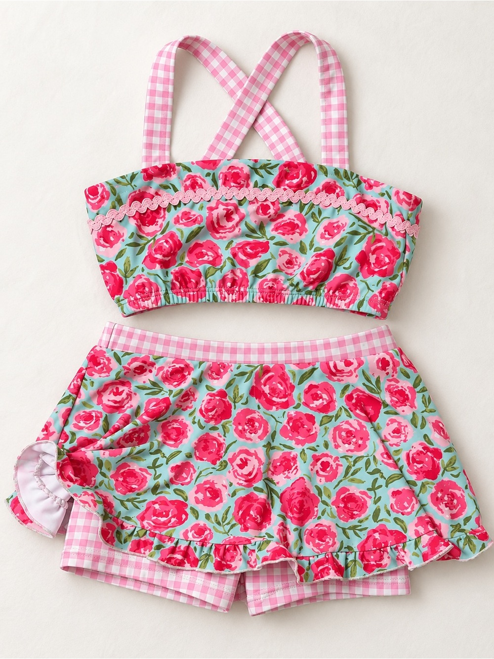 SweetHoney Pink & Light Blue Floral Bikini Skort Set